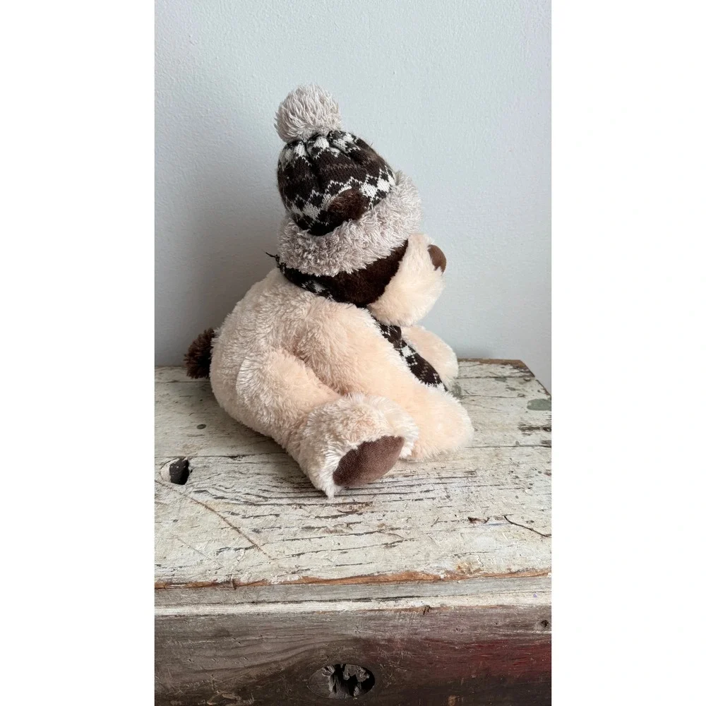 Hugfun International Winter Dog Plush Cream Brown Knit Hat Scarf Toy